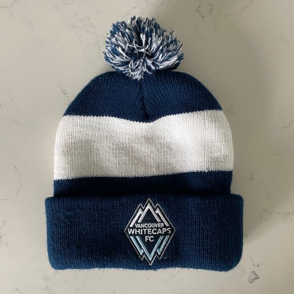 Acrylic Colorblock Turned Up Rim Knit Toque Pom Pom Vanc Whitecaps Blue Wht OS - Picture 5 of 5